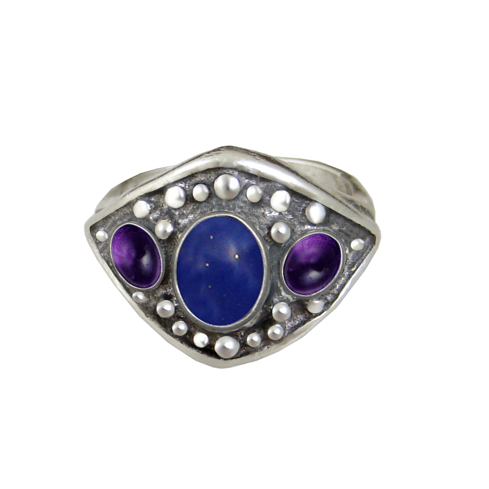 Sterling Silver Medieval Lady's Ring with Lapis Lazuli And Amethyst Size 9